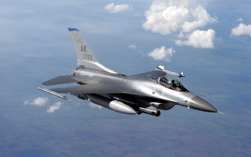 side view, sky, fighter plane, flying, explosive, aerospace industry, day, army, military, no people, 2K, mode of transportation, outdoors, on the move
