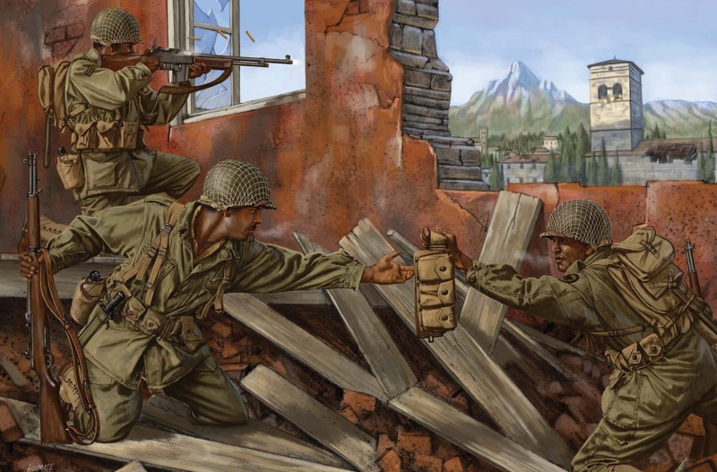 army, figure, real people, people, human representation, architecture, beside, soldiers, the ruins, day, holding, military, rifles, art, the city, military uniform