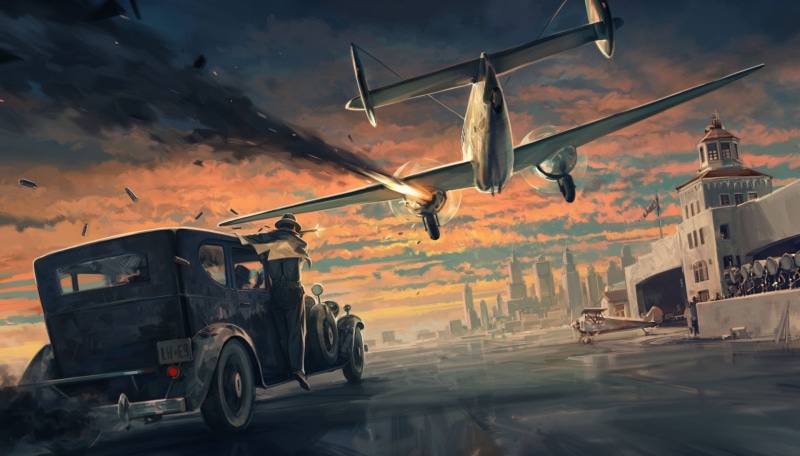 Machine, Mafia: Definitive Edition, The plane, Hangar 13, The building, 1080P, Definitive Edition, The sky, The airfield, Mafia, Clouds, The city, Art