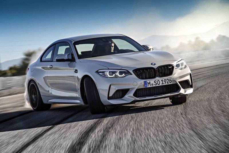 wheel, nature, racecar, 4K, sports car, BMW M2 Competition, side view, day, mode of transportation, motion, shiny, land vehicle, sky, outdoors, speed