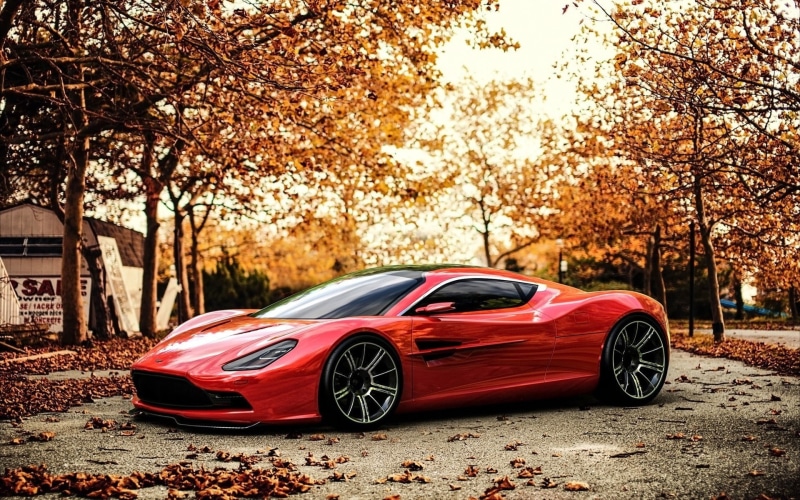 land Vehicle, power, Aston Martin DBC, mode of Transport, tree, sport, plant, change, street, wheel, autumn, Aston Martin, nature, trees, red cars, transportation