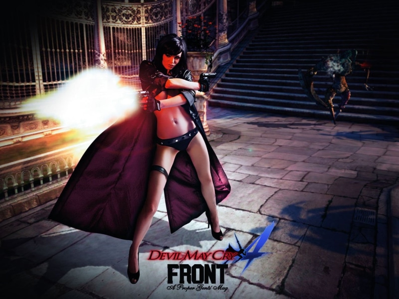 one person, graphic, Girl, architecture, sitting, may, lifestyles, females, front, Devil, Devil May Cry 4, Black Hair, Pistol, Handgun, outdoors