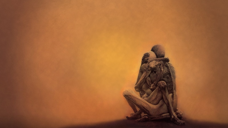 detailed, edited, Zdzisław Beksiński, fantasy art, gloomy, dark, horror, spooky, traditional art, creepy, artwork, humanoid, 2K, surreal, hugging, painting