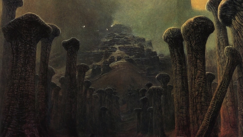Zdzisław Beksiński, detailed, horror, painting, dark, creepy, magic realism, traditional art, fantasy art, Polish, gloomy, spooky, artwork, nightmare, bones