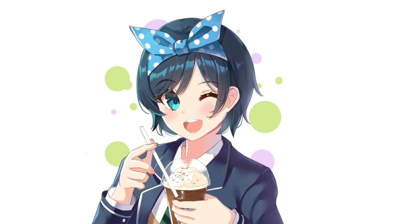 Ruka Sarashina, short hair, drink, winking, drinking straw, Kanojo, wink, simple background, anime girls, hair bows, Okarishimasu (Rent-a-Girlfriend), 2K