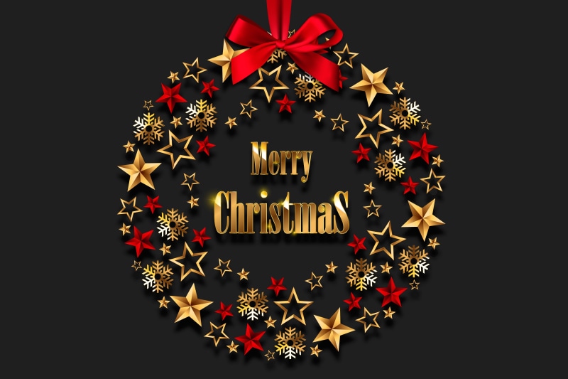 Merry, golden, xmas, gold, 5K, New Year, background, black background, wreath, decoration, Christmas, black