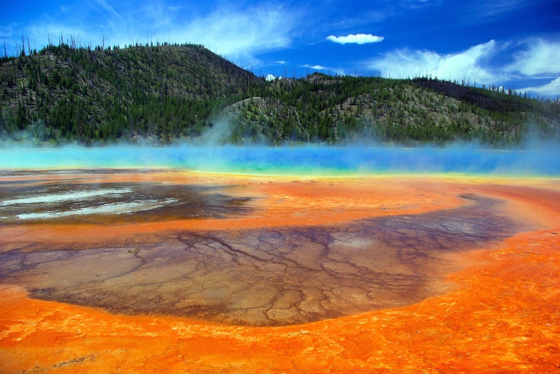 prismatic, hot spring, nature, 2K, thermal, grand prismatic hot spring, environment, color, park, hot, cloud - sky, mountain, water, beauty in nature