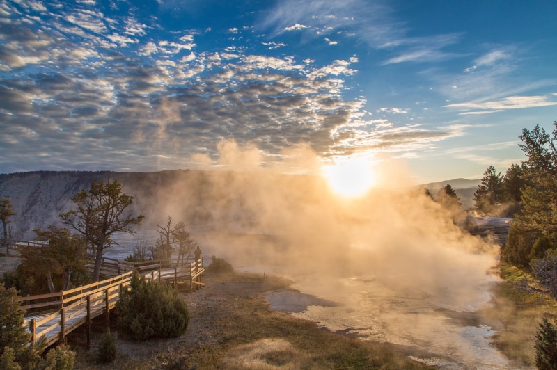 yellowstone national park, volcanic, wyoming, dawn, wooden, photography, body, mammoth hot springs, scenics, tranquil scene, sunlight, scenics - nature