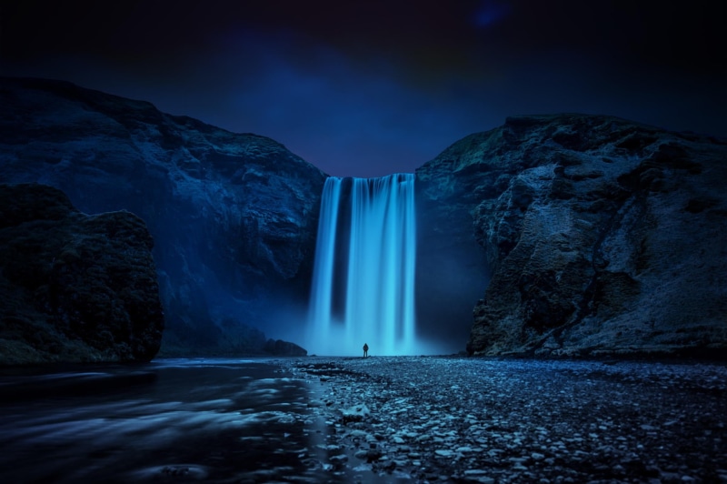 solid, waterfall, astronomy, night, power in nature, rocks, rock formation, stream, Skogafoss, long exposure, no people, Skogarfoss, environment, blue