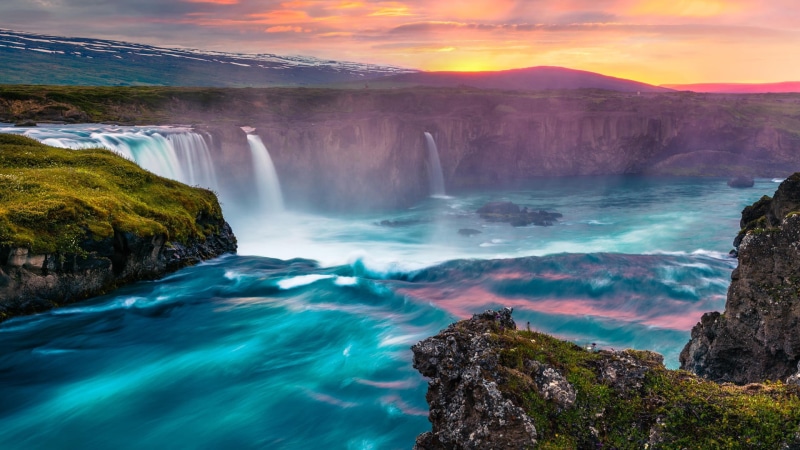 mountains, Iceland, moss, sunset, waterfall, rocks, Godafoss falls, long exposure, clouds, landscape, water, 1080P, sky, nature