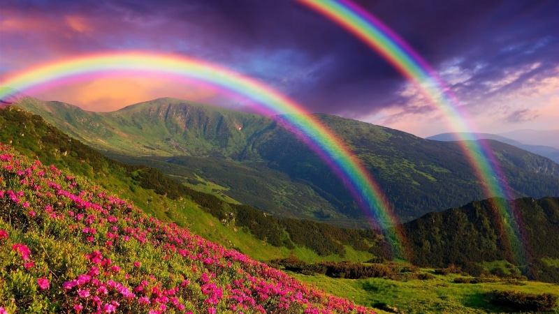 rainbows, red, painting, non-urban scene, abstract, multi colored, nature, environment, outdoors, spectrum, landscape, mountain range, tranquility, 1080P
