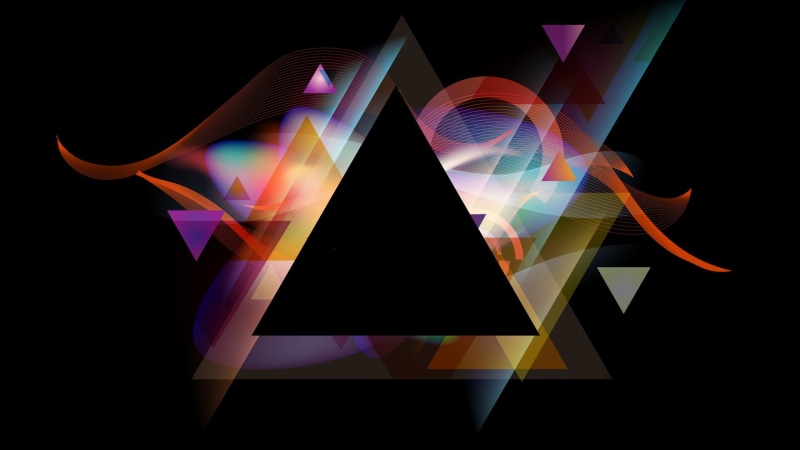 design, digital composite, 1080P, abstract, pattern, illuminated, triangle, rainbow, spectrum, shape, black background, triangle shape, reflection, glowing