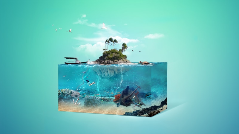 sky, fantasy art, artwork, diver, art, sea, photoshop art, water, underwater, 3d, aquarium, graphics, angular, imagination, photoshop, island, diving, 4K