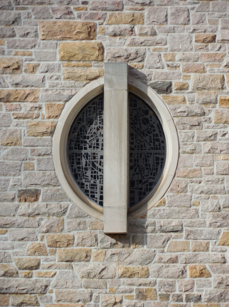 stained glass window, city, lines, exhaust fan, angular, building exterior, block, designer, built structure, facade, stone wall, circle, low angle view