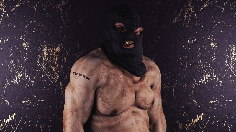 digital art, skin, gold teeth, Masked, 1080P, tattoo, fabric, CGI, scratches, biceps, gold, black, chunk, muscles, texture, The Goonies, Sloth Goonies