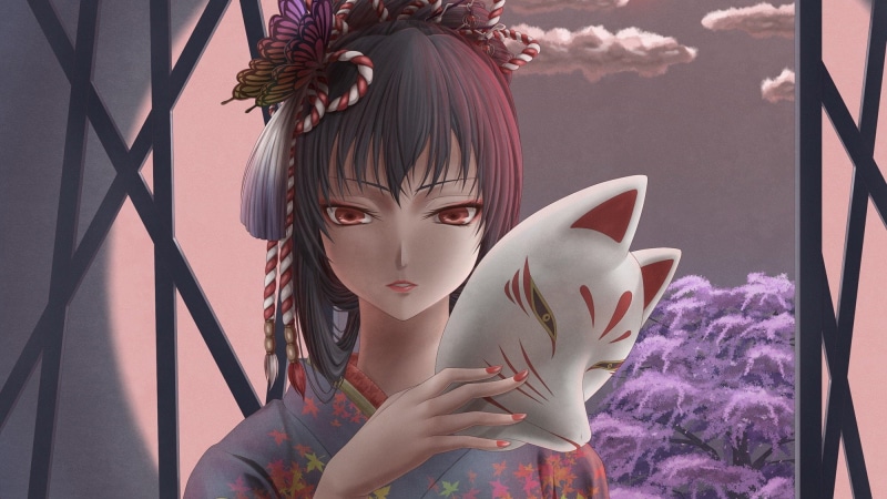 cherry, characters, black, kitsunemimi, butterflies, ropes, clouds, red, anime, clothes, blossoms, ornaments, bun, masks, 1080P, traditional, faces, open