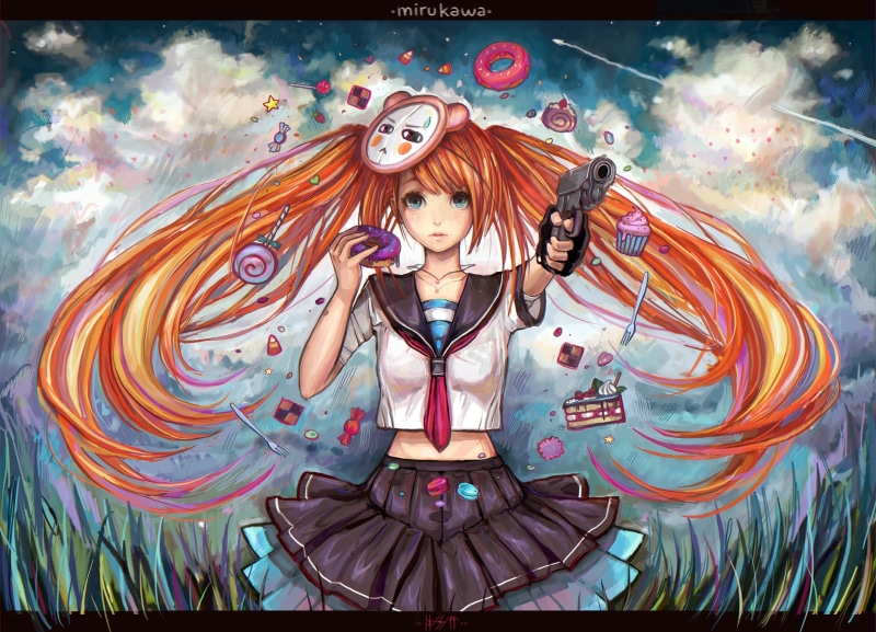 lollipops, outdoors, schoolgirls, weapons, bangs, twintails, forks, original, skies, blue, school, donuts, clouds, cakes, sweets, sailor, guns, grass, eyes