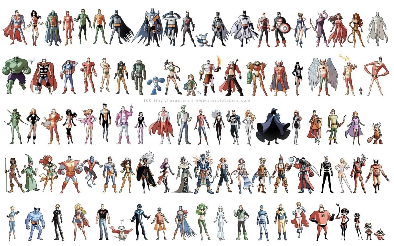 Nightcrawler (Marvel Comics), Colossus, Hawkeye, Black Canary, Deadpool, Thor, Link, Phoenix (Marvel Comics), Wasp (Marvel Comics), Atom (DC Comics), Psylocke (Marvel Comics)