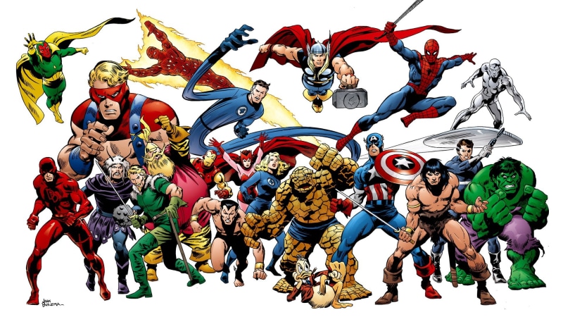 Silver Surfer, Mister Fantastic, Human Torch (Marvel Comics), Spider-Man, Iron Man, Hulk, Scarlet Witch, Thor, Thing (Marvel Comics), Flash, Captain America