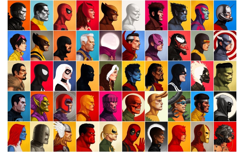 Iron Man, Magneto (Marvel Comics), Thor, Venom, Storm (Marvel Comics), War Machine, Cyclops (Marvel Comics), Puck (Marvel Comics), Collage, Black Panther (Marvel Comics)