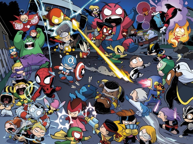 Hawkeye, avengers vs. x-Men babies, Colossus, Captain America, Vision (Marvel Comics), Iron Man, X-Men, Spider-Man, Beast (Marvel Comics), Spider-Woman
