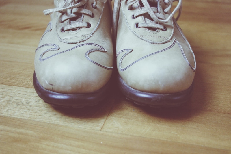hardwood floor, wood grain, still life, flooring, lace, shoe, leather, footwear, indoors, brown, pair, wood - material, absence, compatibility, pattern