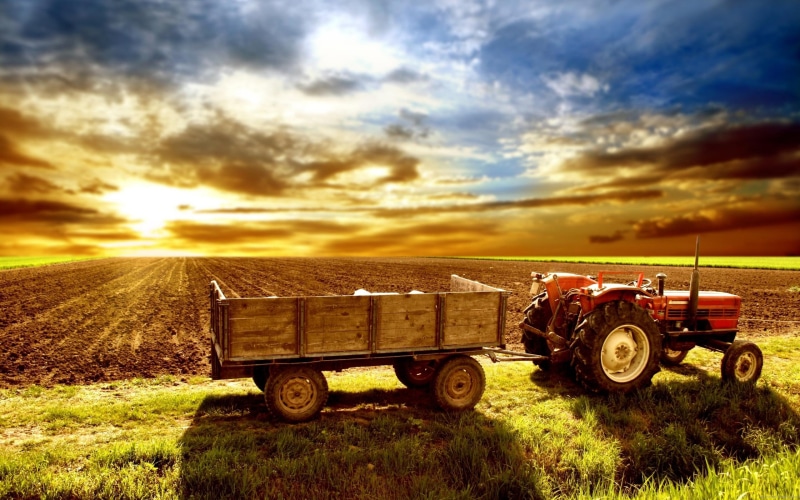 tractor, landscape, red, typical, 2K, sunset, field, nature, black, outside