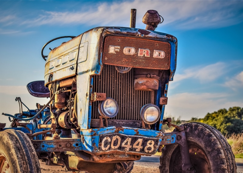 5K, abandoned, farm, land, rusted, cloud - sky, communication, agriculture, tractor, land vehicle, aged, blue, equipment, outdoors, mode of transportation