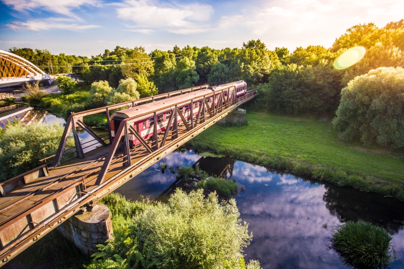 reflection, top, steel, crossing, woods, landscape, scenics, Old Train, outdoors, famous Place, cloud - sky, built structure, traveling, sunbeams, 4K