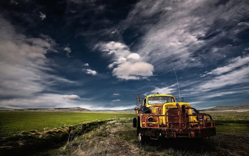 trucks, heavy, landscape, old trucks, nature, 720P, clouds, yellow, equipment, old, field