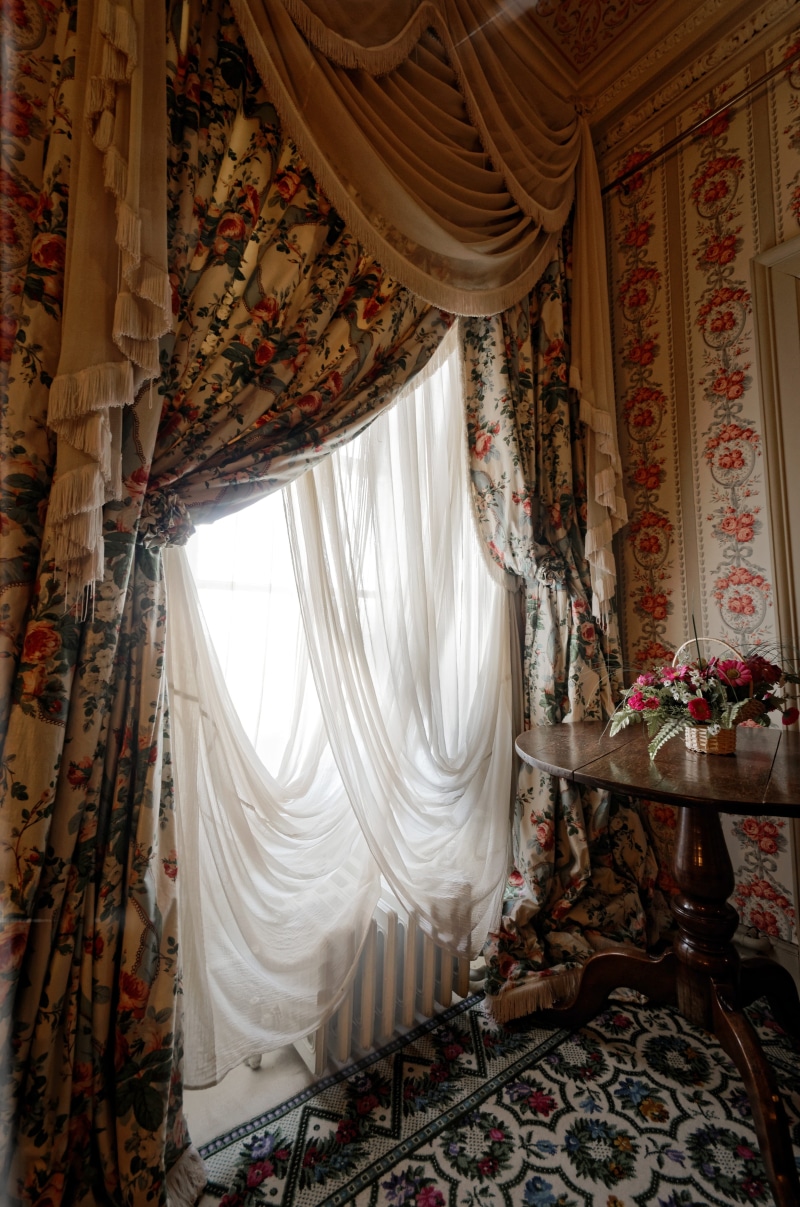 fabric, interior, no people, window, domestic room, floral pattern, furniture, decoration, textile, ornate, decor, architecture, hanging, building, floral
