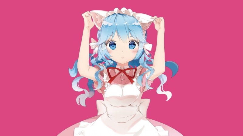 studio shot, maid, representation, colored background, emotion, pink background, simple background, child, anime girls, body part, human representation