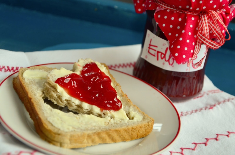 sweet food, still life, preserves, table, on top, fruity, red glass, jam sandwich, no people, ceramic, food and drink, hearth, behind, saucer, strawberry jam