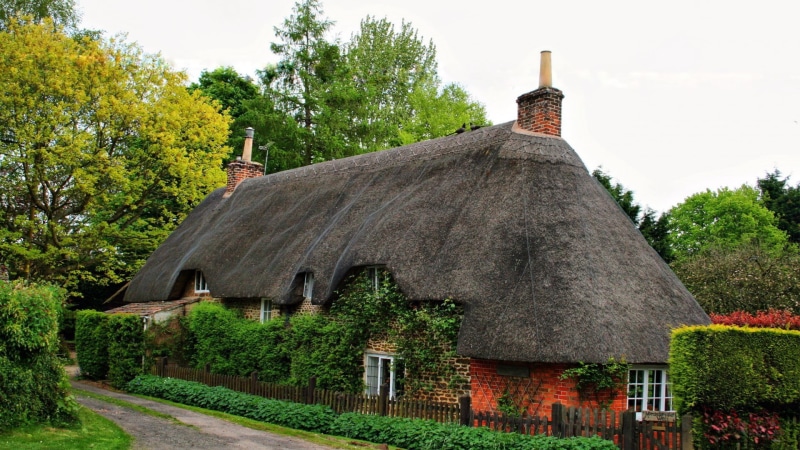 1080P, green color, cottage, day, building, growth, place of worship, nature, architecture, thatched roof, bricks, grass, plant, no people, village, old building
