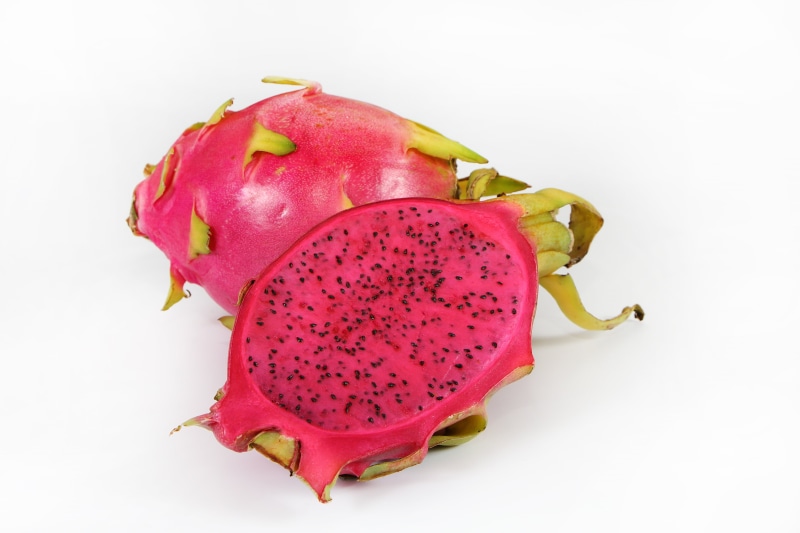no people, close-up, dragon fruit, pitaya, white background, seed, half, food, still life, slice, studio shot, healthy eating, healthy lifestyle, red, sliced