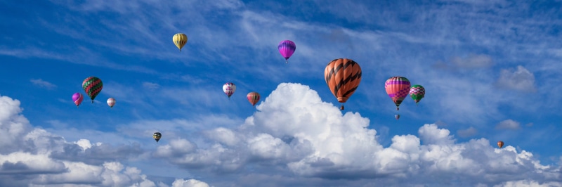 travel, panoramic, low angle view, fly, hot, sky, hot air balloon, blue, header, mid-air, clouds, balloons, achieve the purpose of, hot air balloon ride
