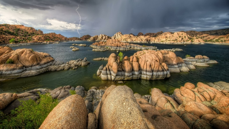 stormy, cloud, watson lake, lightning, thunderstorm, 4K, prescott, landscape, united states, sky, lake, arizona, coast, rock formation, rock, water, sea