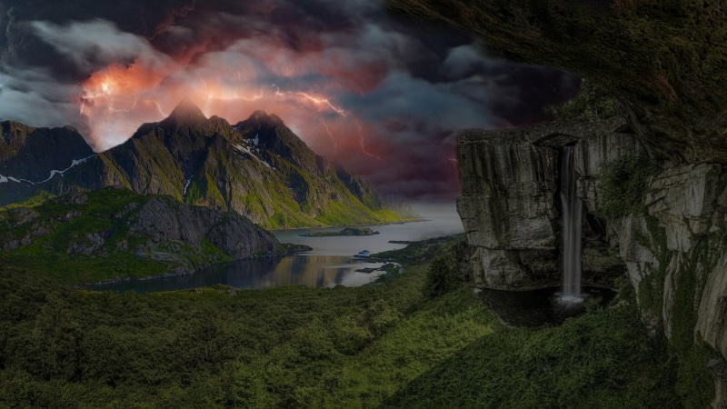 lightning, united states, waterfall, fjord, 1080P, reflection, water, national park, atmosphere, mountain, phenomenon, lookout mountain, rock city, ruby falls