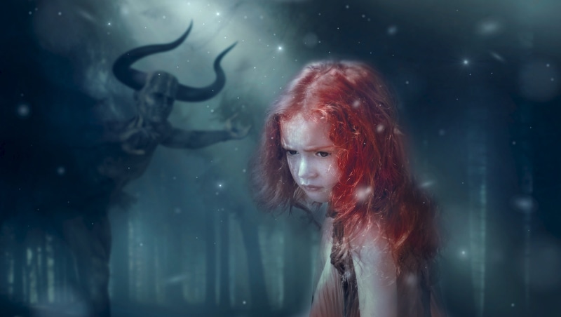 magician, one person, composing, dyed red hair, fairytale, devil, beautiful, hairstyle, daemon, girl, headshot, 4K, cold, glass - material, child, dream