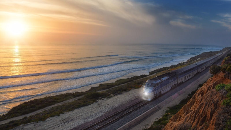 sunrise, del mar, coaster, dusk, cloud, beach, coaster train, morning, transport, coast, united states, track, train, horizon, coastline, sky, 4K, california