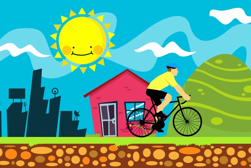 full length, scene, sun, riding, creativity, activities, adult, exercise, town, past, mode of transportation, life, architecture, rider, bicycle, city