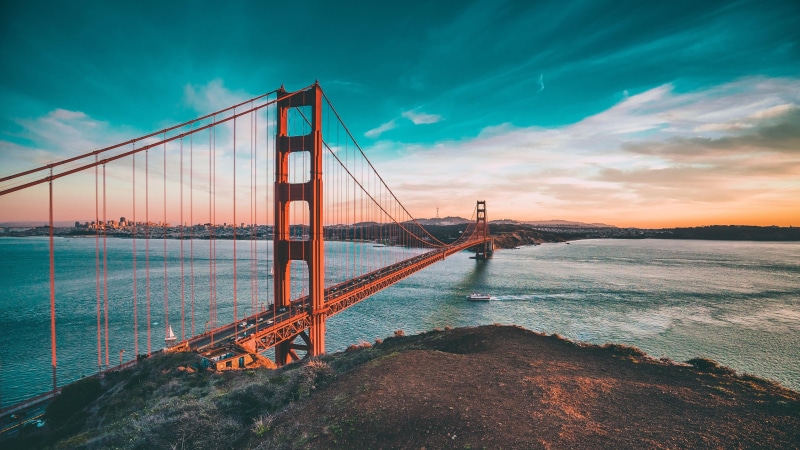 golden gate bridge, 4K, calm, morning, cloud, evening, united states, sunset, san fransisco, san francisco bay, bay, water, horizon, sky, california, dawn