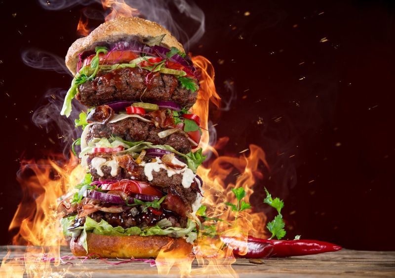 no people, freshness, vegetable, indoors, fire - natural phenomenon, ready-to-eat, sandwich, still life, smoke, flame, food and drink, 5K, fast food, unhealthy eating
