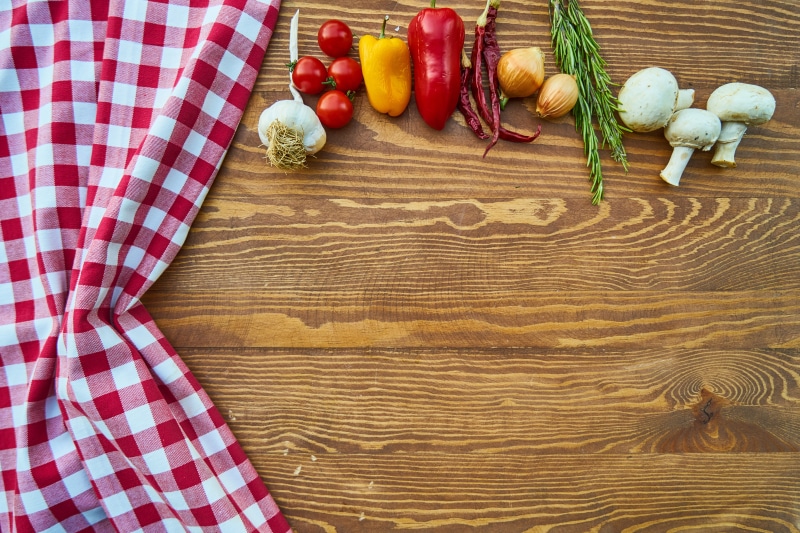 healthy, wooden, 8K, food, directly above, freshness, red, spices, pepper, indoors, beside, yellow, brown, rustic, high angle view, onion, tablecloth