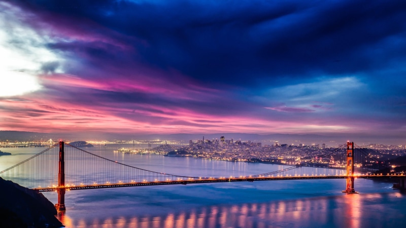 golden gate bridge, evening, san francisco, 4K, pink sky, bridge, golden gate, sky, cloudy sky, cloudy, california, united states, city lights, dusk