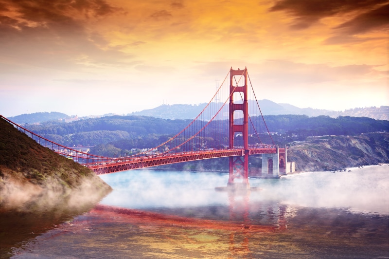 bright, bridge - Man Made Structure, travel, flare  star, reflection, sky, 1080P, urban, san  Francisco  golden  Gate, depth, architecture, sunlight, golden  Gate  Bridge