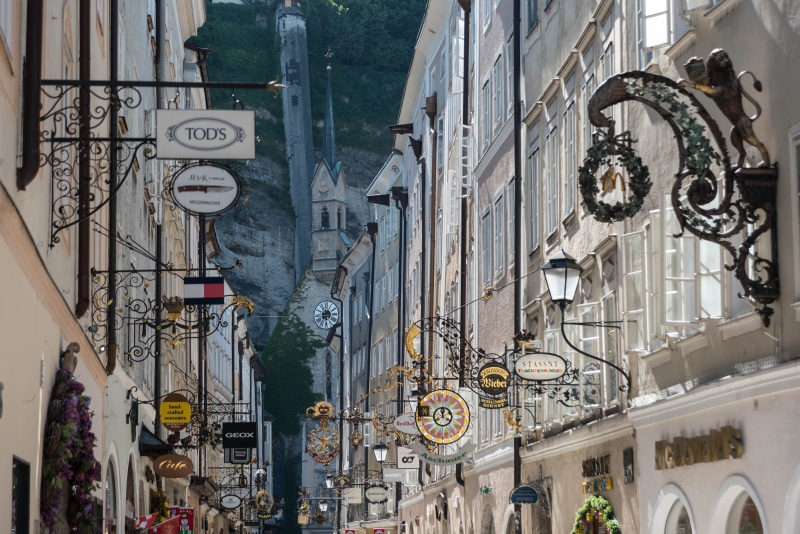 Getreidegasse, low angle view, building exterior, Road, Salzburg, city, shopping street, street light, white, clock, high, buildings, austria, no people
