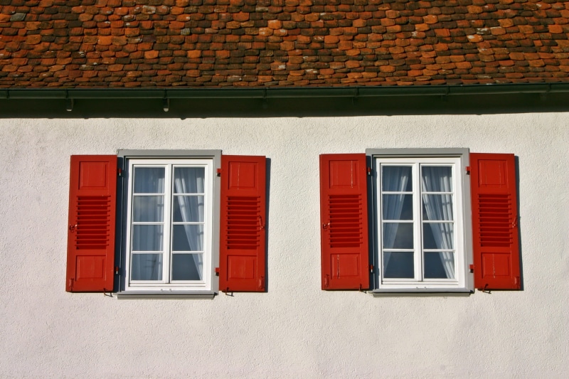outdoors, casement, double, residential district, no people, architecture, building, red, windows, built Structure, glass - material, tile, Window, 2K
