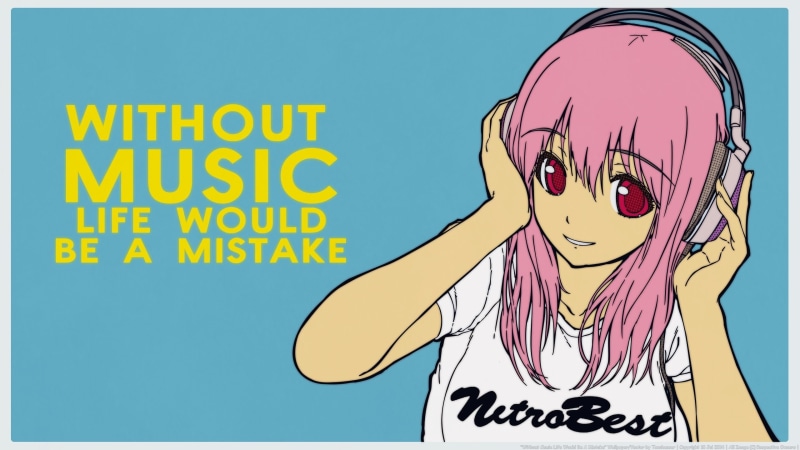 2K, halftone pattern, pink hair, Super Sonico, music, headphones, text, anime girls
