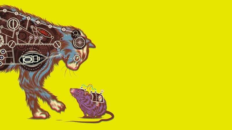 simple background, cat, yellow, gears, Halftone Pattern, 1080P, machine, artwork, digital art